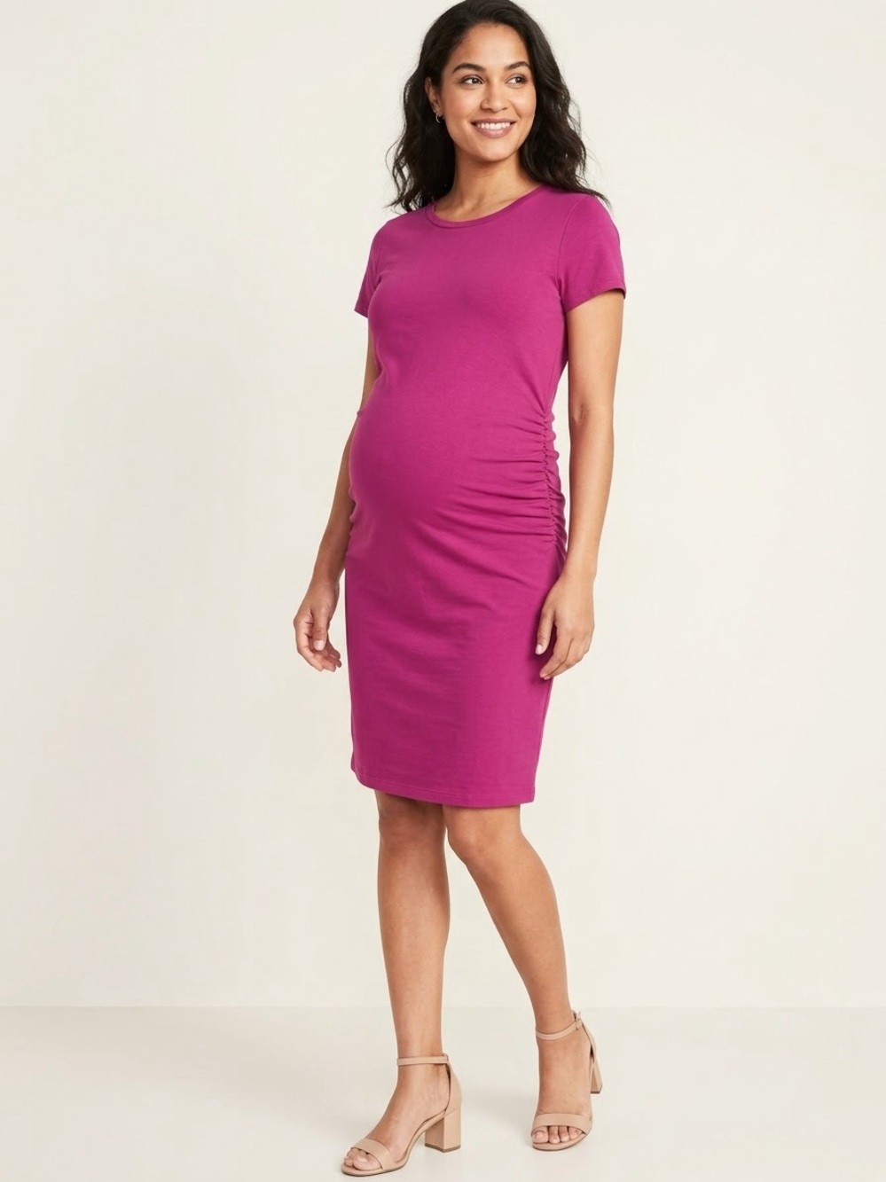 Old Navy Maternity Dress Small Fuchsia Magenta Ruched Side Short Sleeve Bodycon